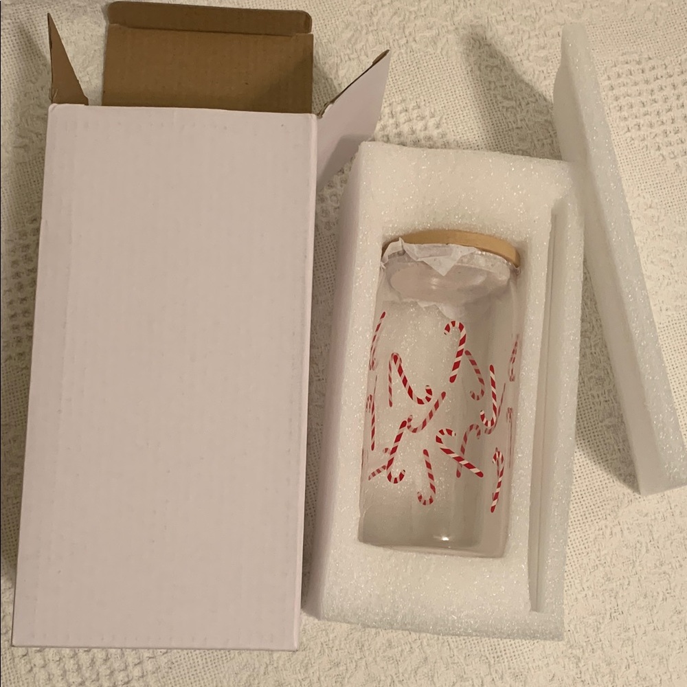 Sweet Water Decor Candy Cane Can Glass W Bamboo Lid & Straw Iced Coffee Cocktail